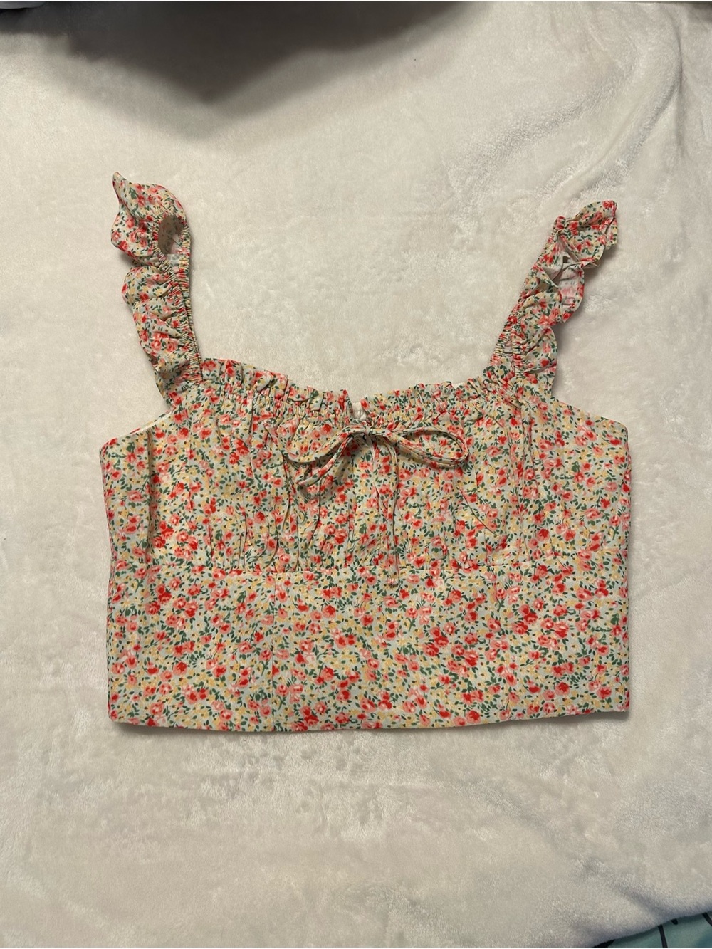 Hello Molly Floral Ruffle Tie-Front Crop Top - Cream/Coral/Green